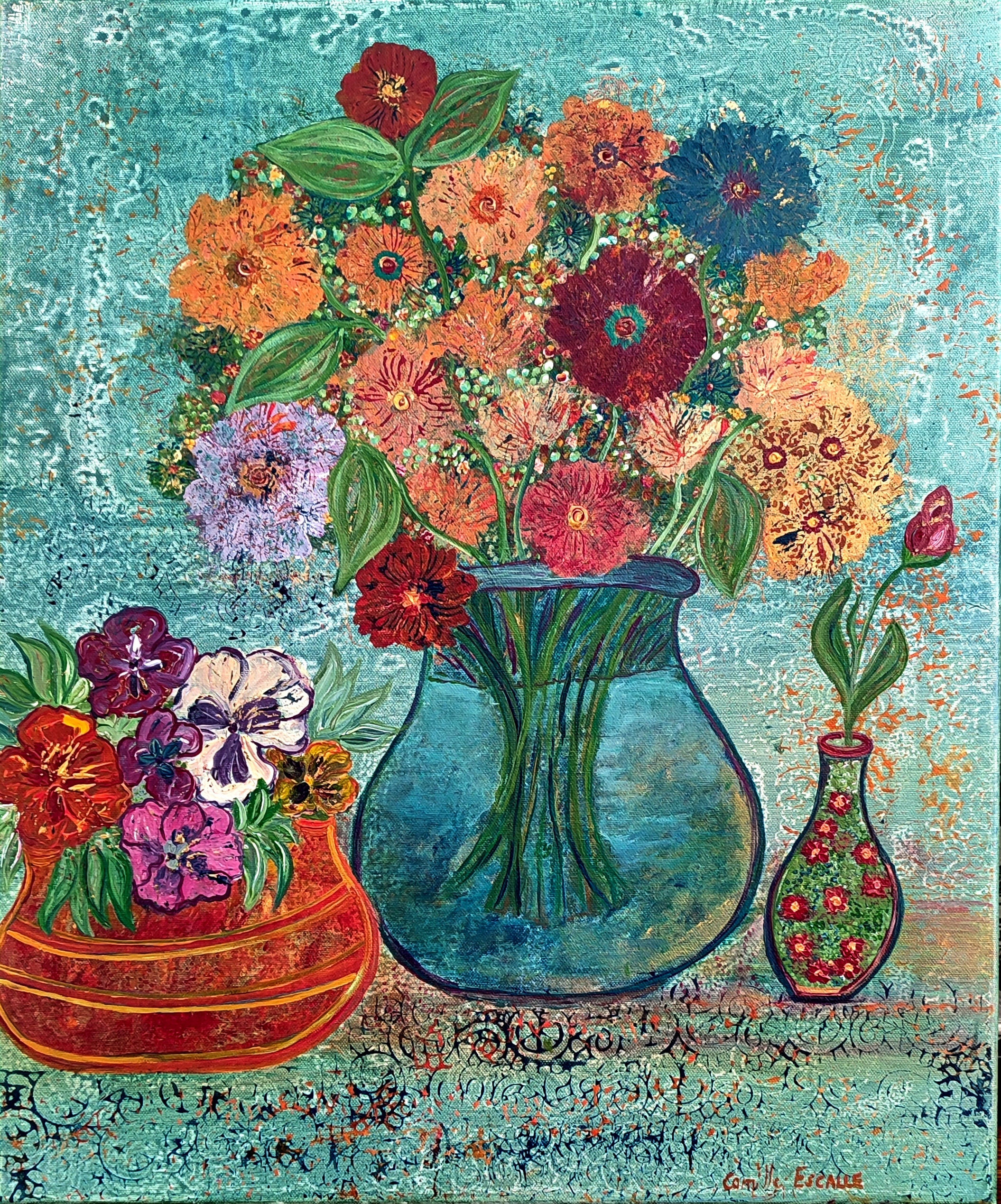 Bouquet de Fleurs Radiées Vase Bleu — Art numérique © Camille Escalle