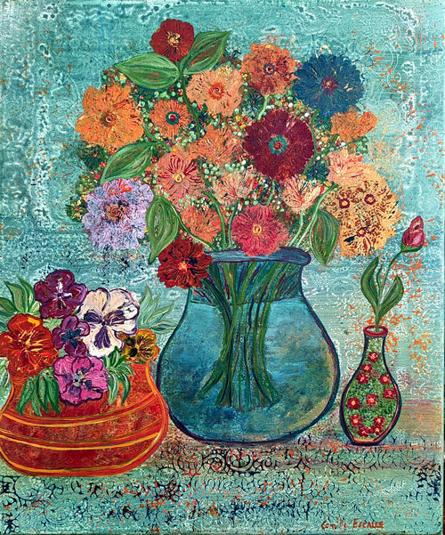 Bouquet de Fleurs Radiées Vase Bleu — Art numérique © Camille Escalle