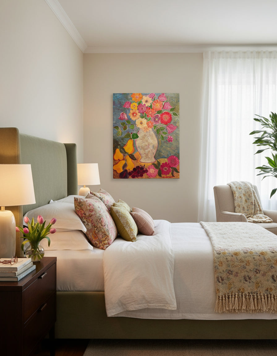 VENDU - Bouquet Champêtre et Fruits Dorés - Peinture Acrylique Originale