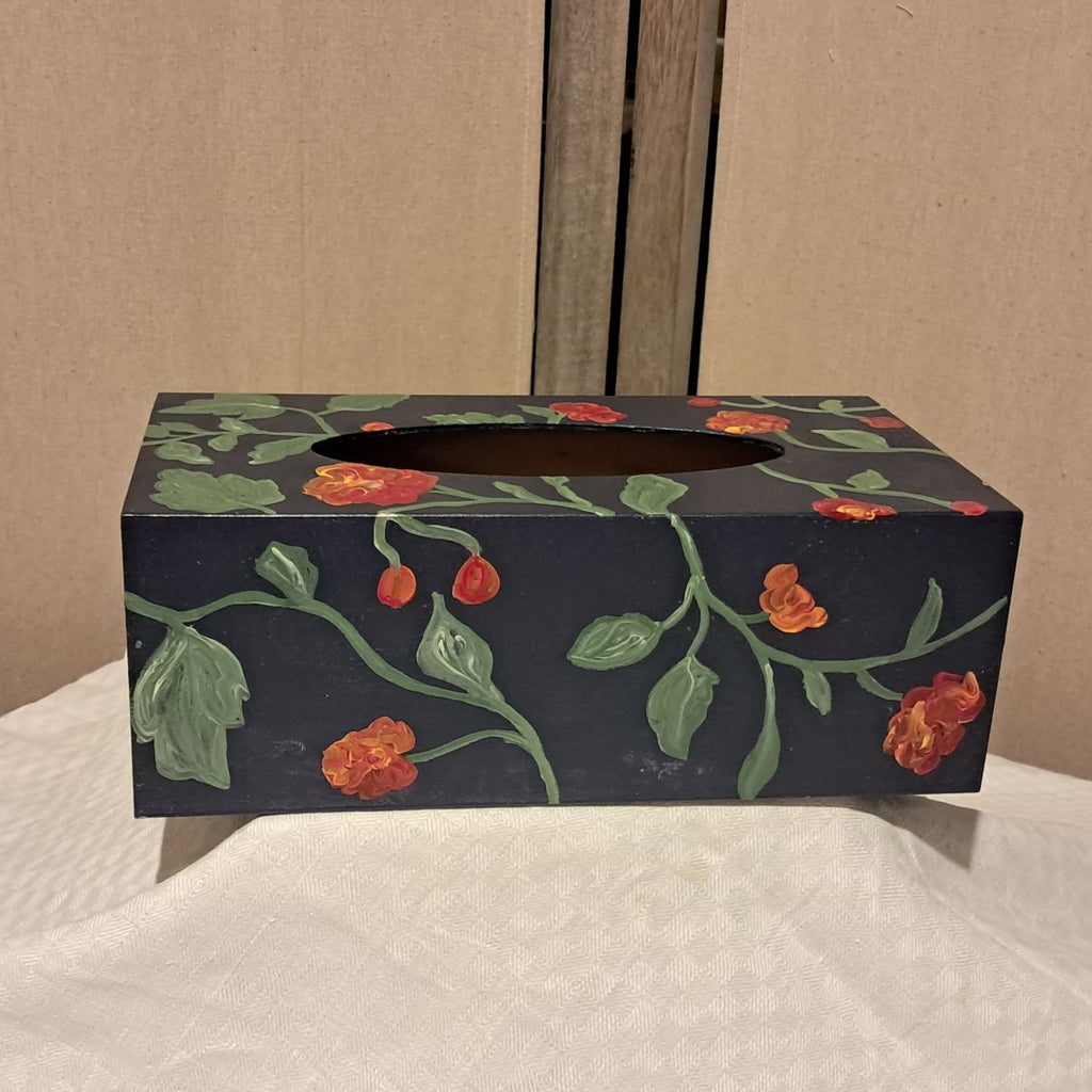 Boîte à Mouchoirs Florale bleue - Peinture en Relief sur Bois