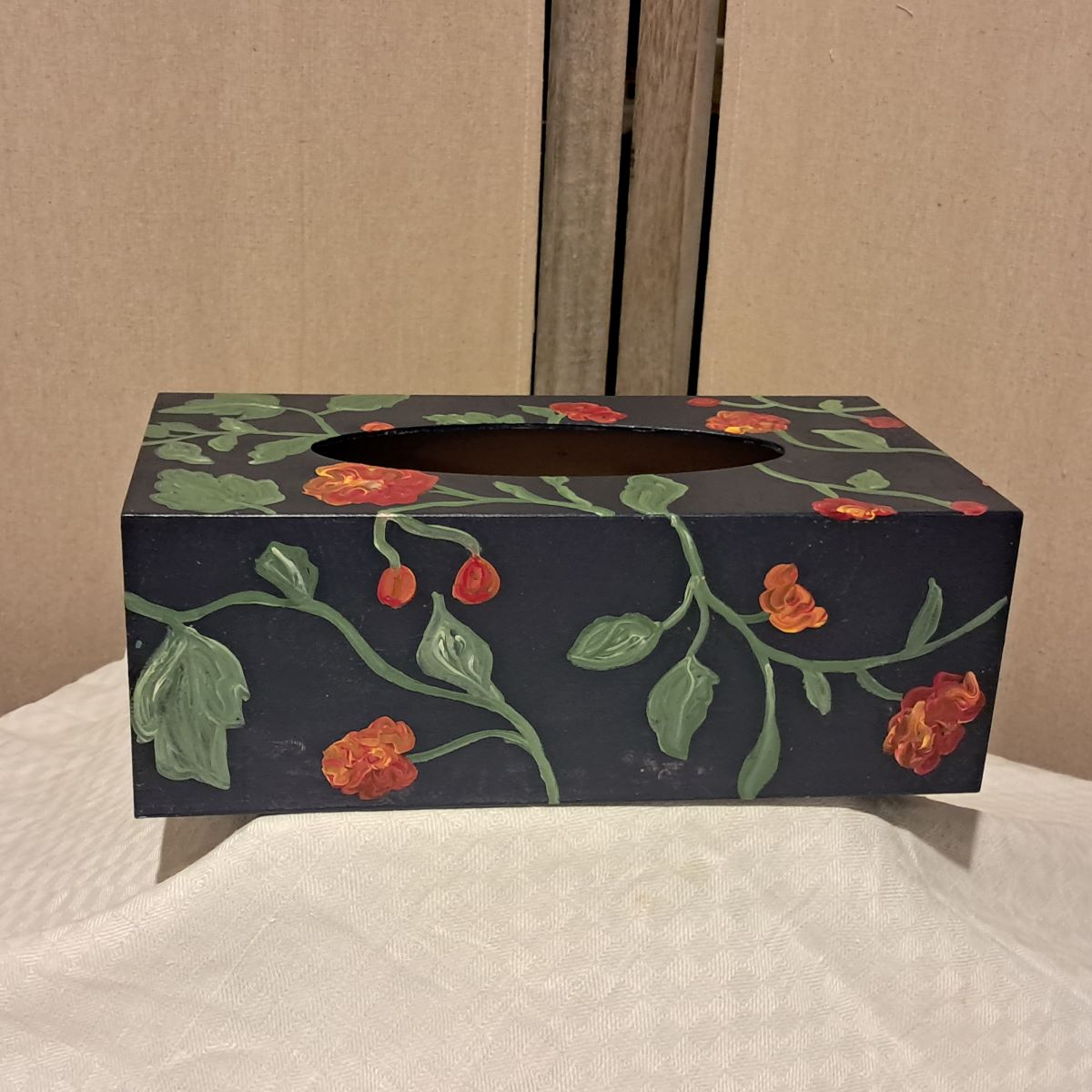 Boîte à Mouchoirs Florale bleue - Peinture en Relief sur Bois