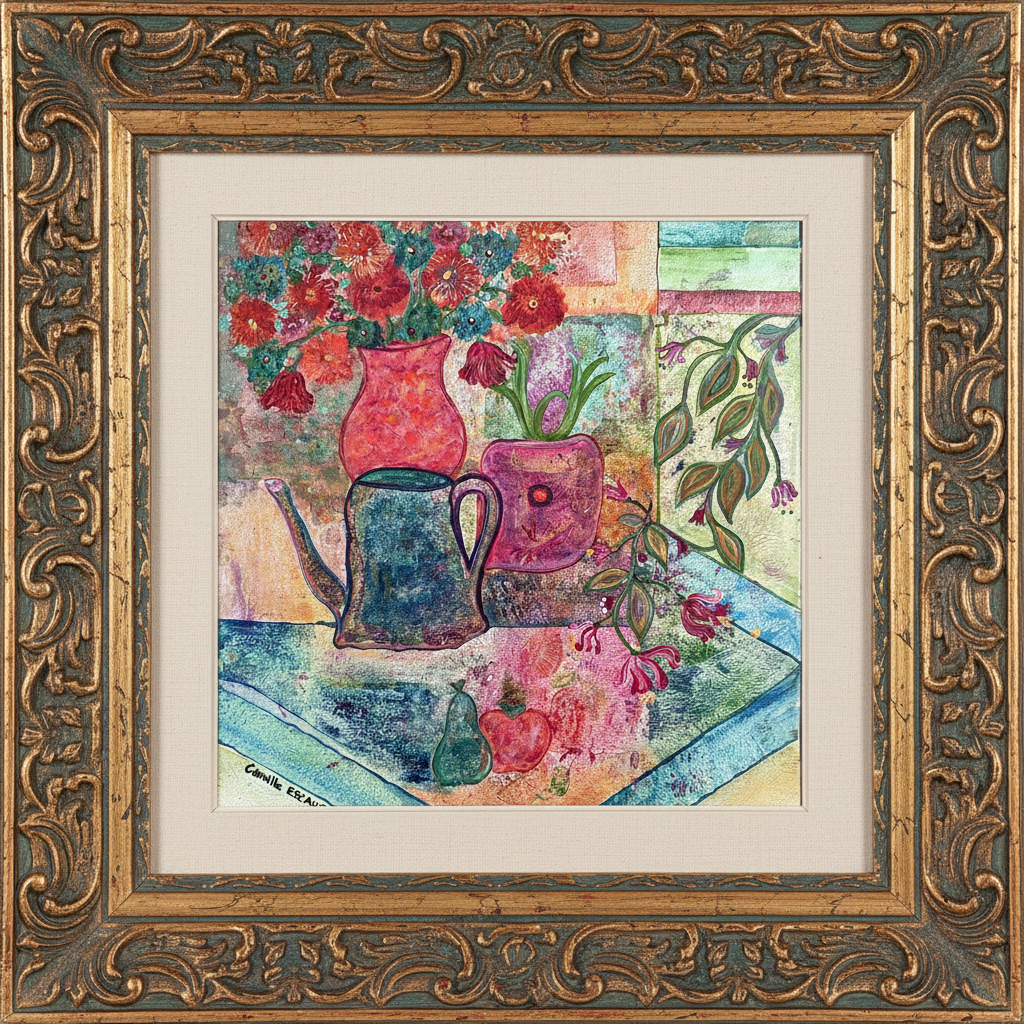 Nature morte aux vases fleuris - Peinture originale acrylique - "Un coin au jardin"