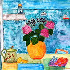 Vue Maritime - Hortensias Roses- Peinture originale acrylique - "Vue matinale sur le Port"