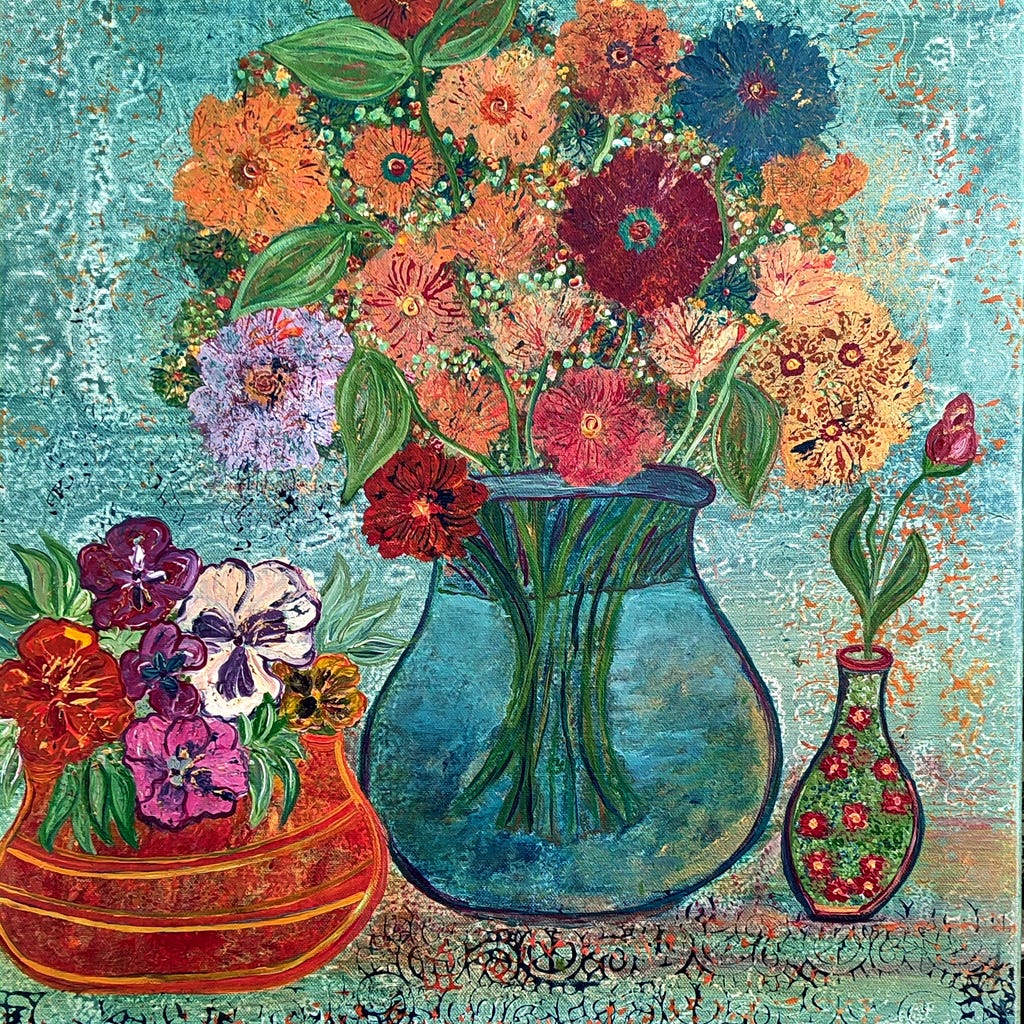 VENDU - Bouquets Colorés - Peinture Florale sur Toile- "Hymne à la vie"