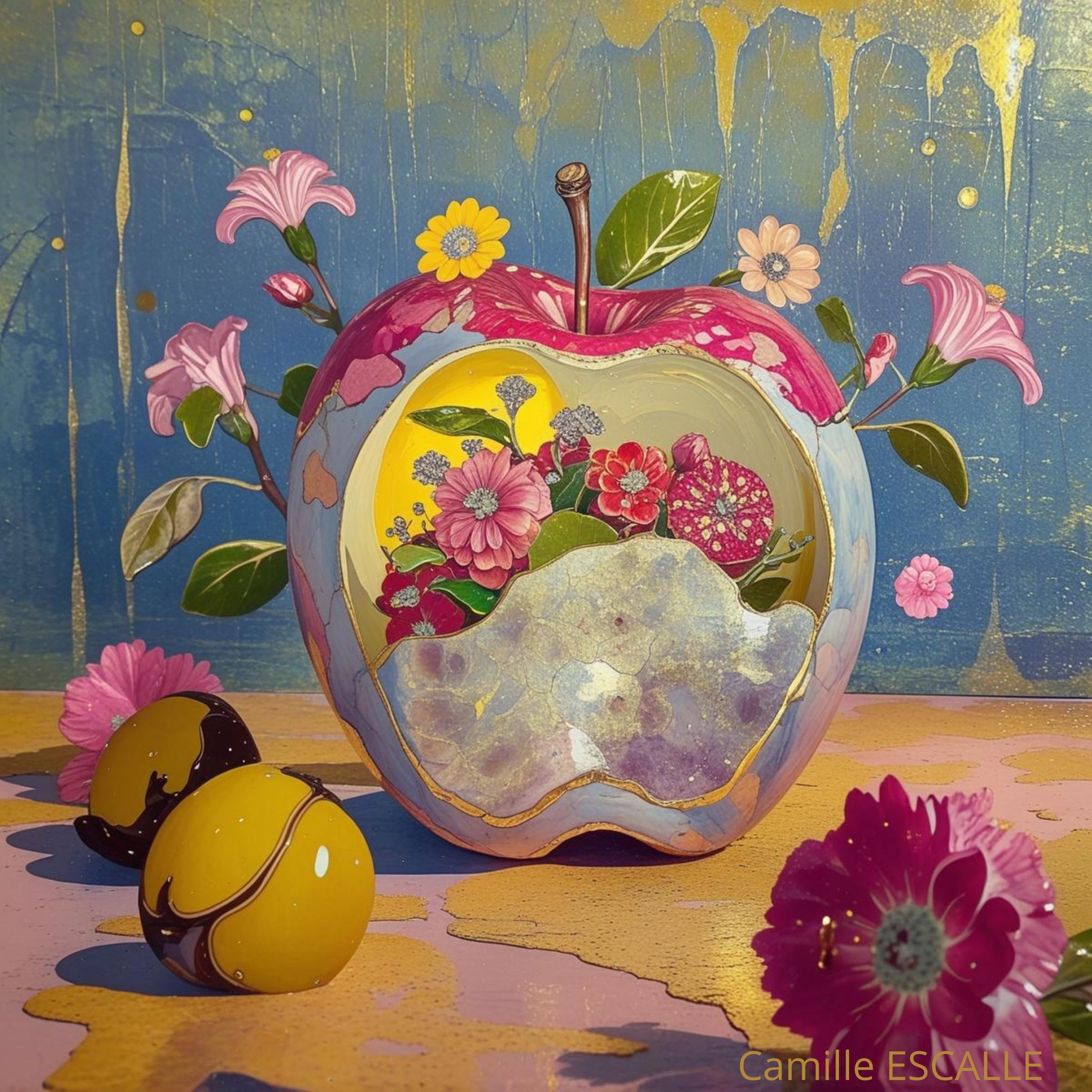 Pomme Rouge et Bouquet Champêtre - Impression d'Art Numérique