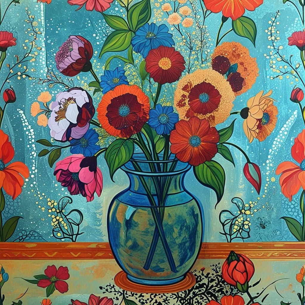 Bouquet Floral Coloré Vase Bleu - Art Numérique