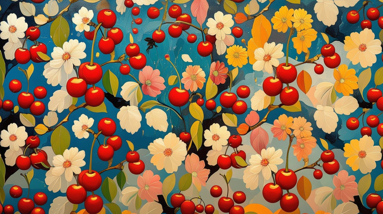 Verger Fleuri aux Cerises - Motif Cosmos et Fruits sur Fond Bleu