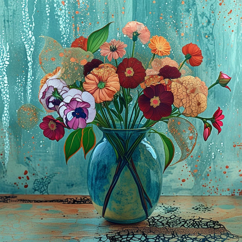 Bouquet Éclatant Vase Turquoise - Art Numérique
