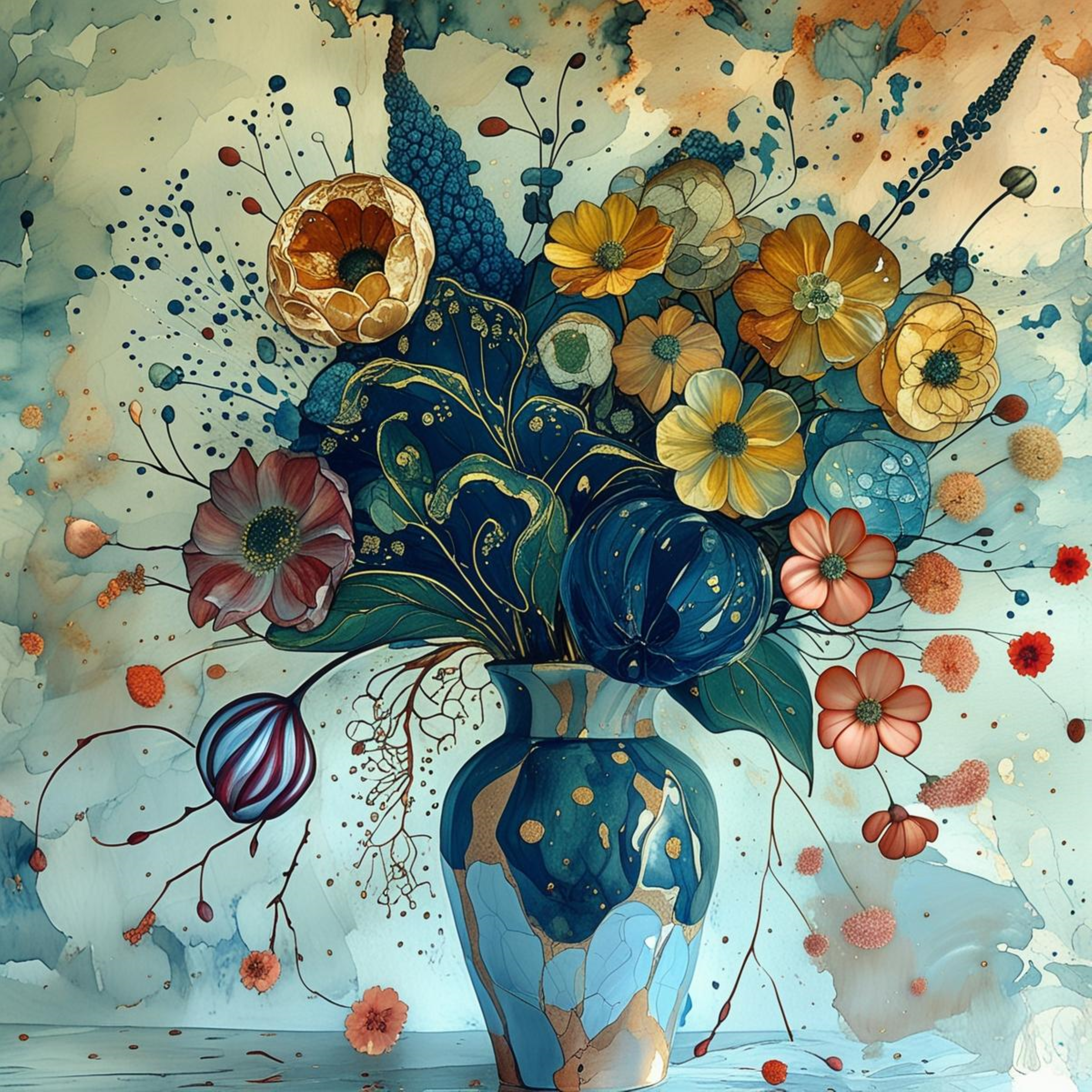 Bouquet Aquarelle Vase Bleu - Impression d'Art Numérique