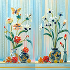 Vases Fleuris et Papillons - Papier Peint Panoramique