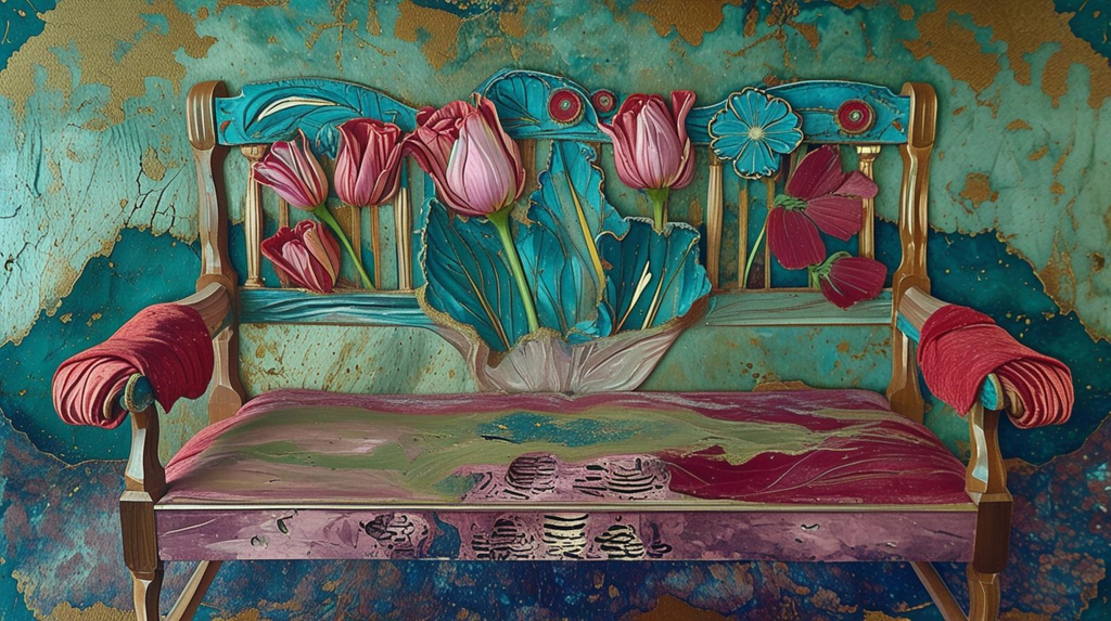 Banc Fleuri aux Tulipes Roses - Impression d'Art Numérique
