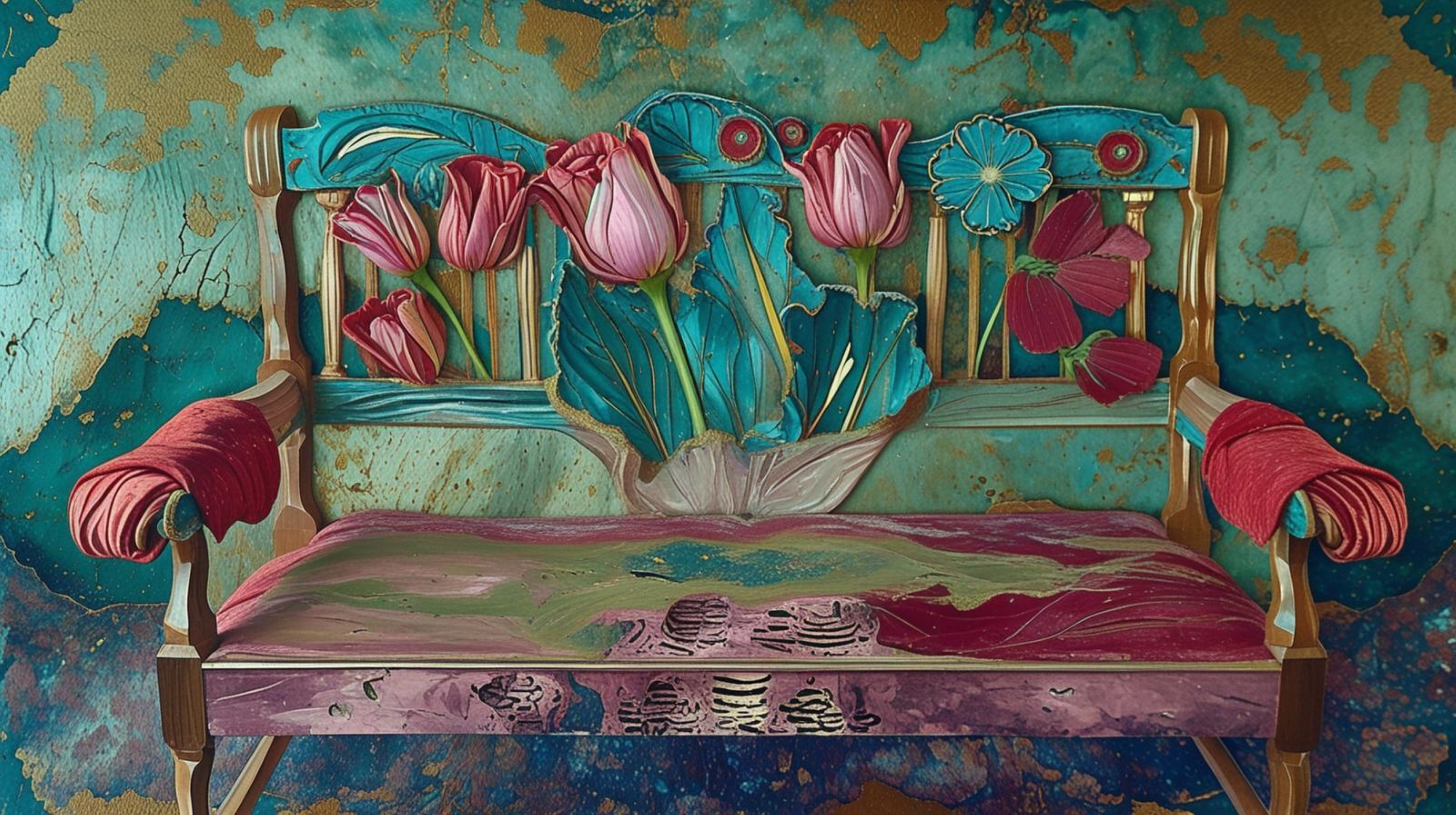 Banc Fleuri aux Tulipes Roses - Impression d'Art Numérique