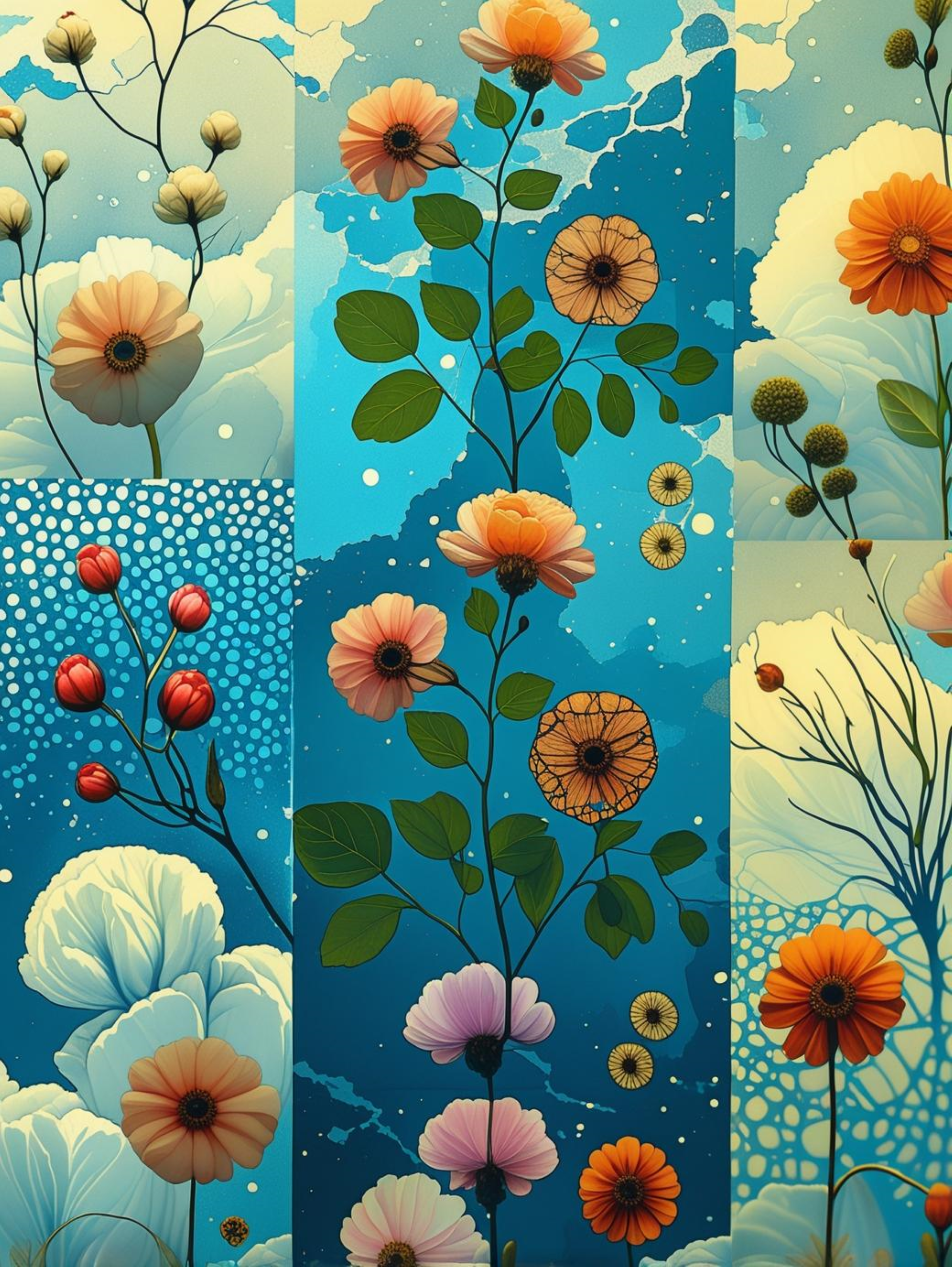 Triptyque Floral 3D Panoramique - Papier Peint Artistique
