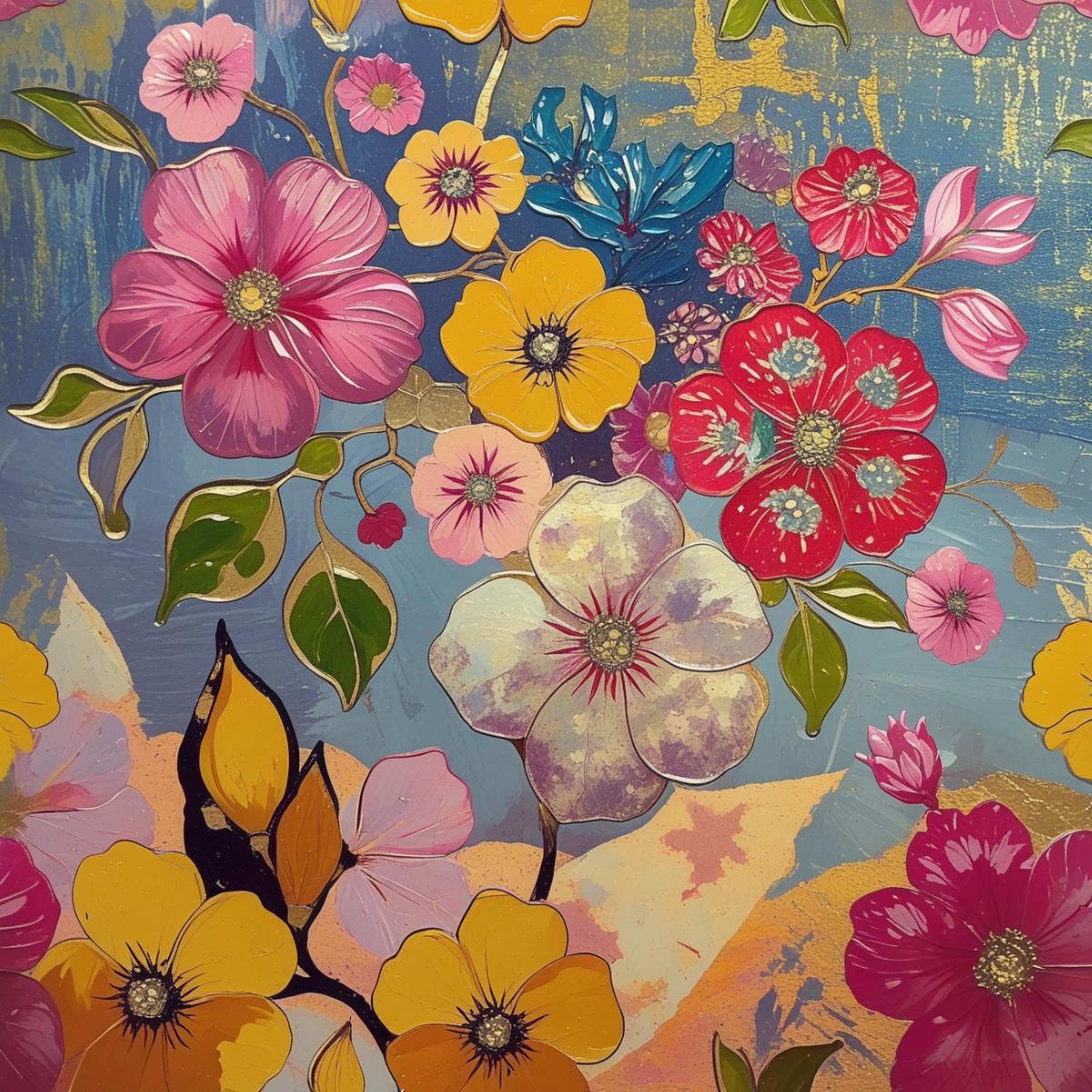 Bouquet Floral Doré Contemporain - Impression d'Art Numérique