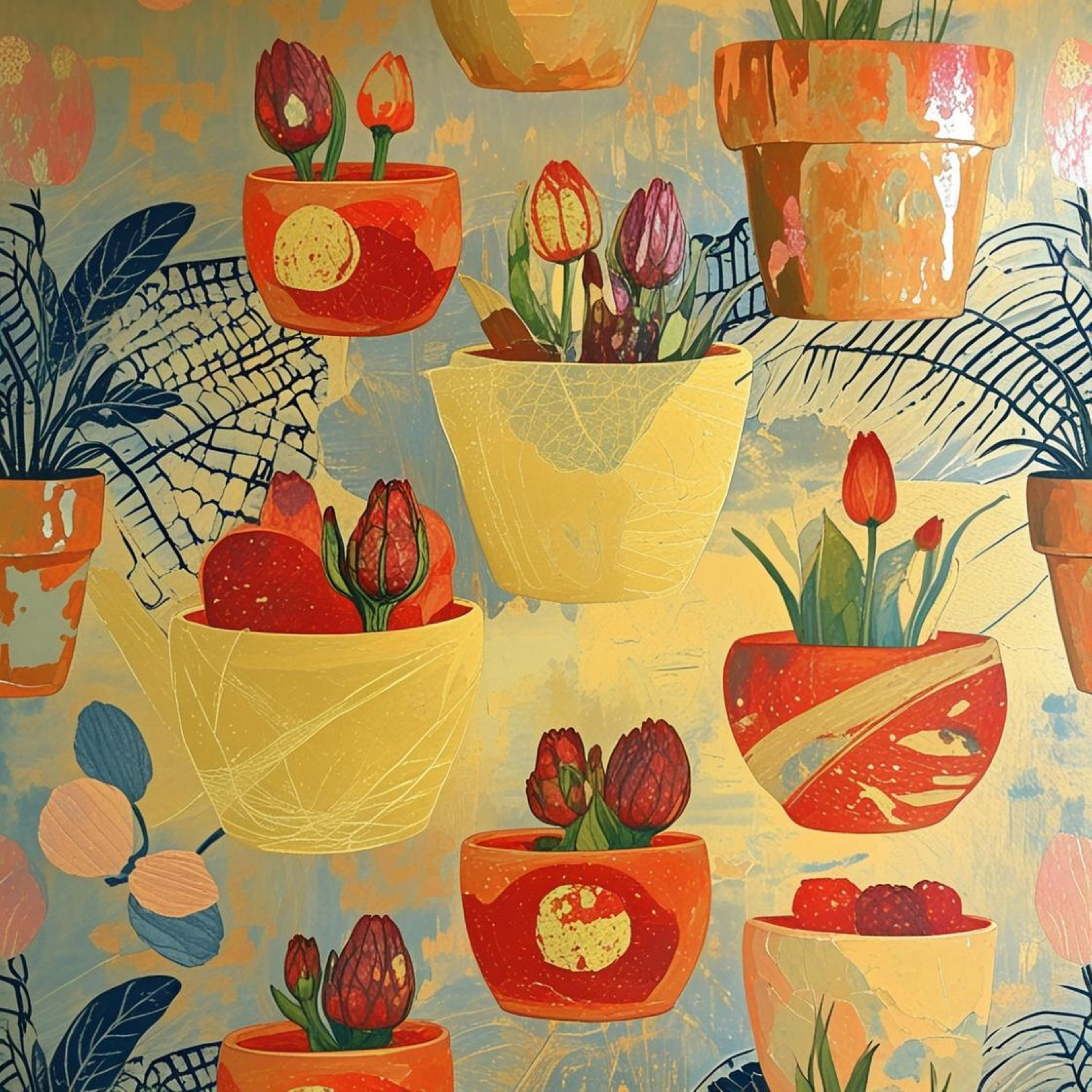 Collection de pots et tulipes - Motif seamless décoratif