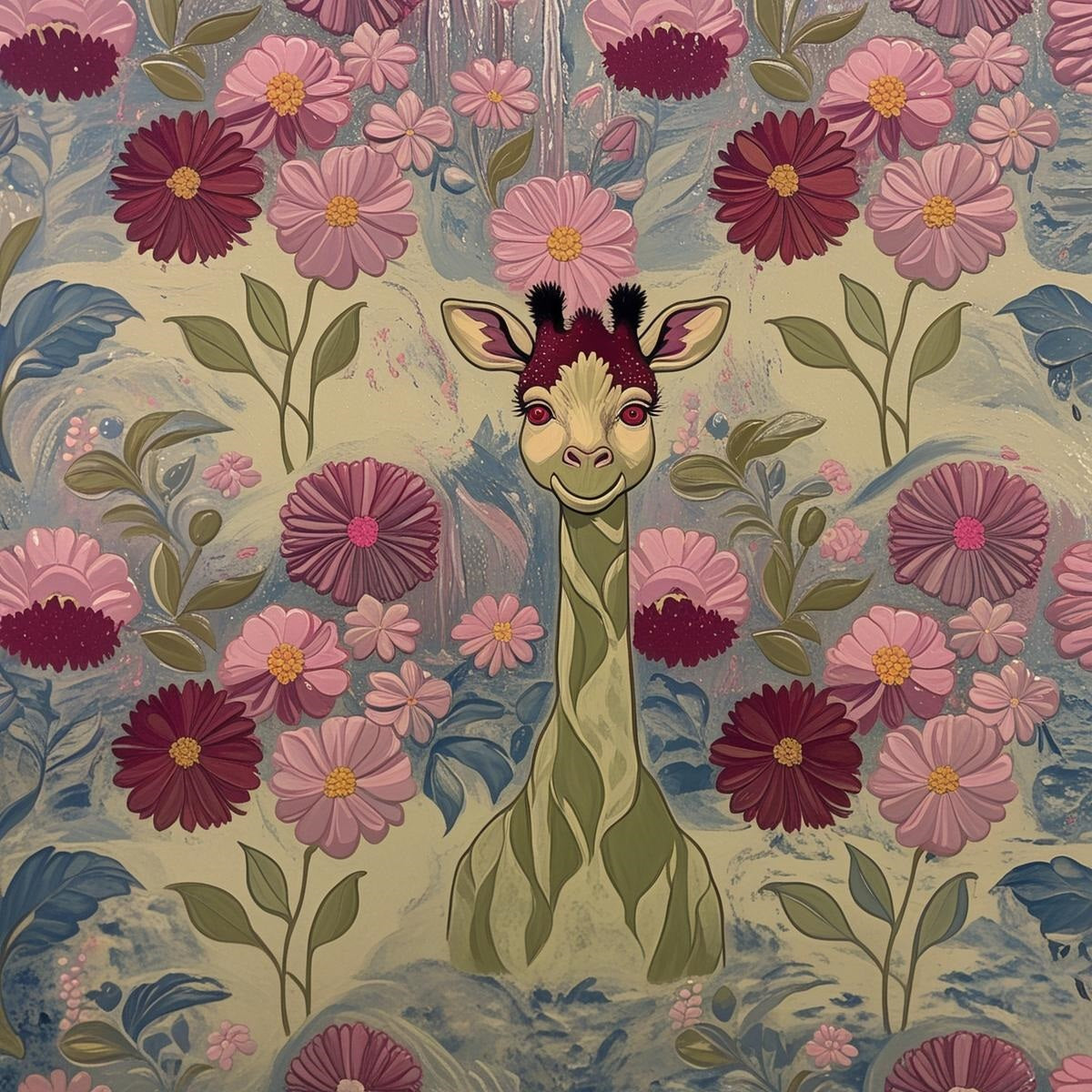 Girafe Souriante dans un Jardin de Cosmos - Illustration Enfantine