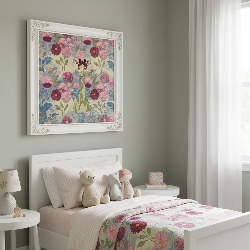 Girafe Souriante dans un Jardin de Cosmos - Illustration Enfantine