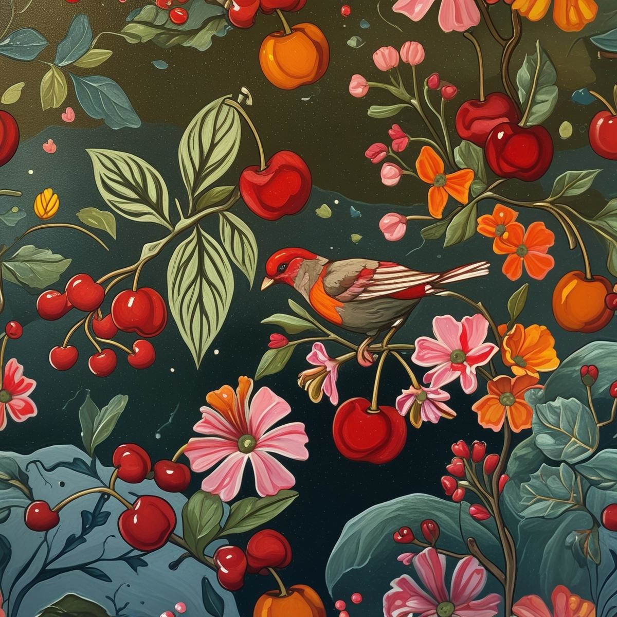 Jardin aux Cerises et Rouge-Gorge - Motif Botanique Luxuriant