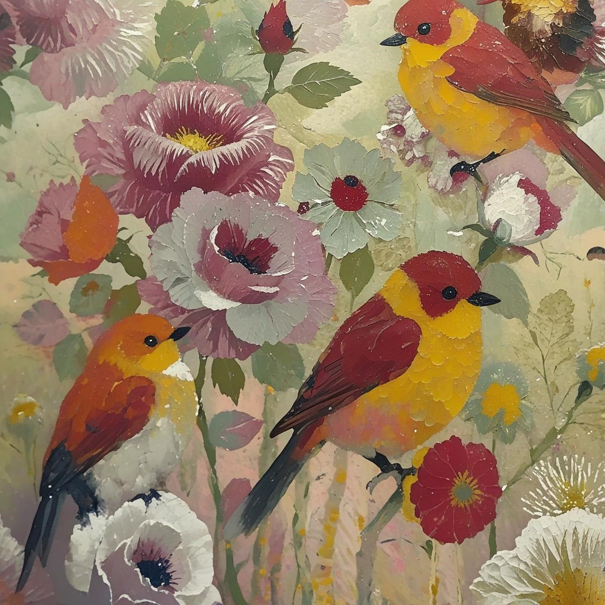 Oiseaux Colorés et Pivoines - Composition Florale Impressionniste