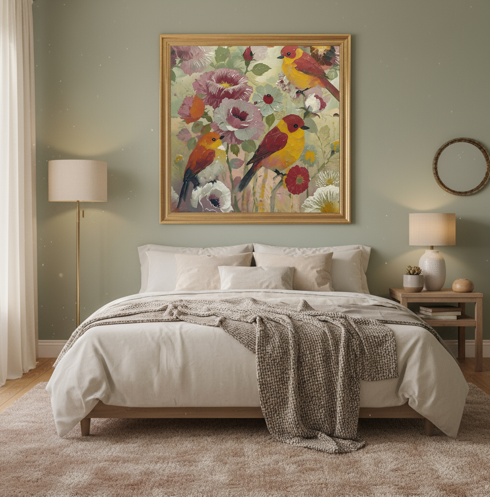 Oiseaux Colorés et Pivoines - Composition Florale Impressionniste