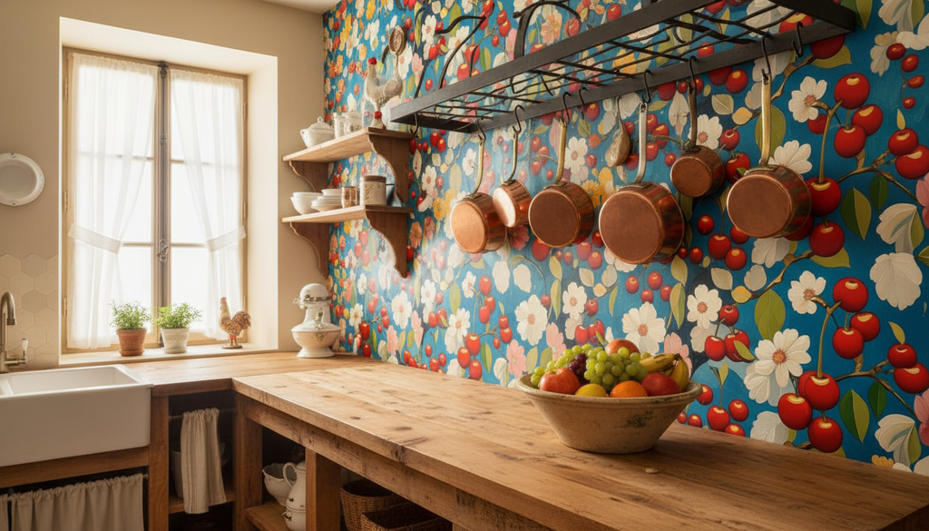 Verger Fleuri aux Cerises - Motif Cosmos et Fruits sur Fond Bleu