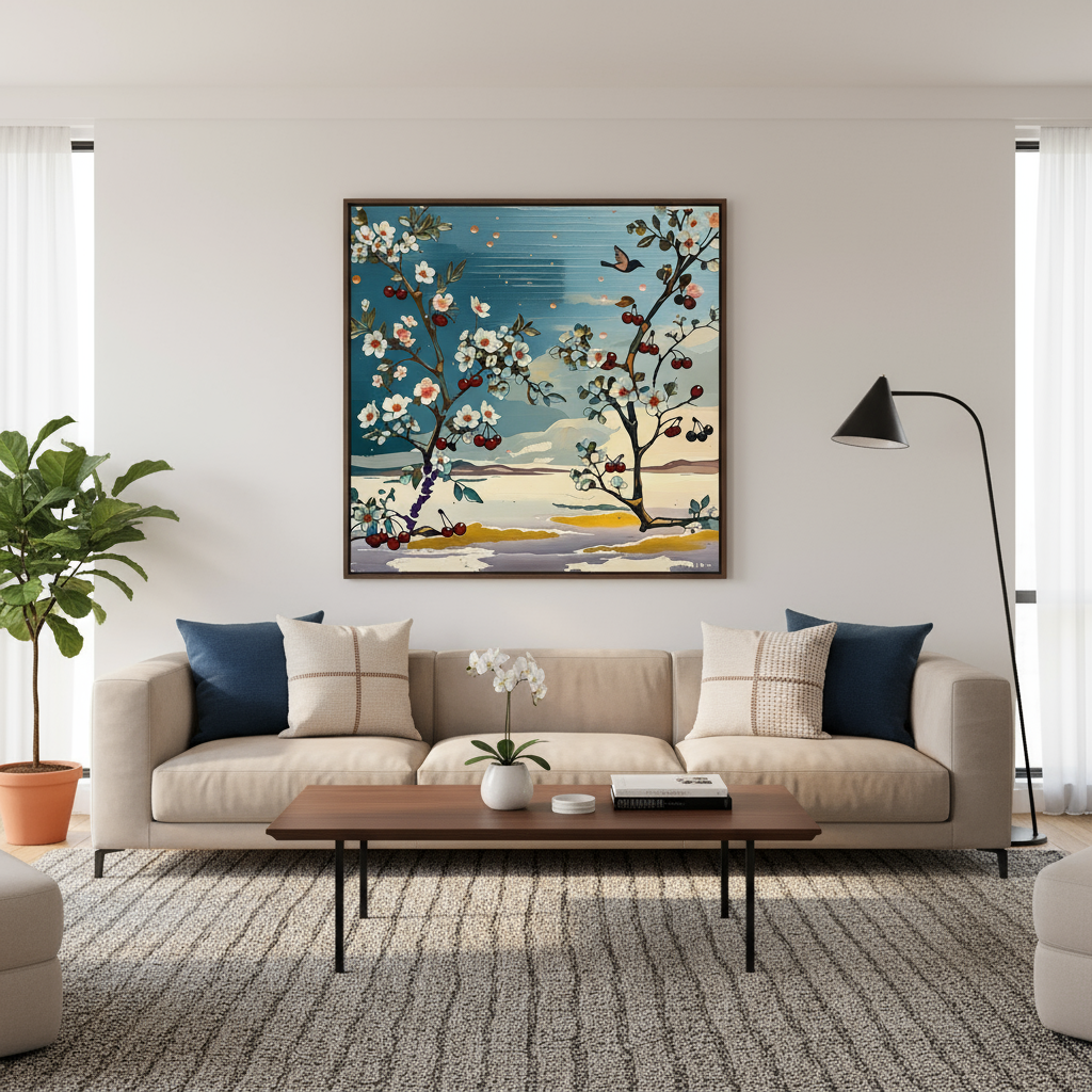 Cerisiers en Fleurs et Oiseau - Paysage Poétique d'Inspiration Asiatique