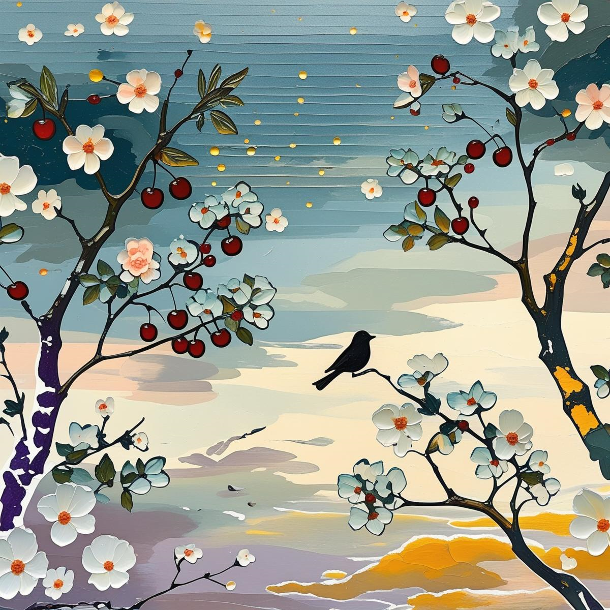 Branches de Cerisiers et Oiseau - Paysage Apaisant au Crépuscule