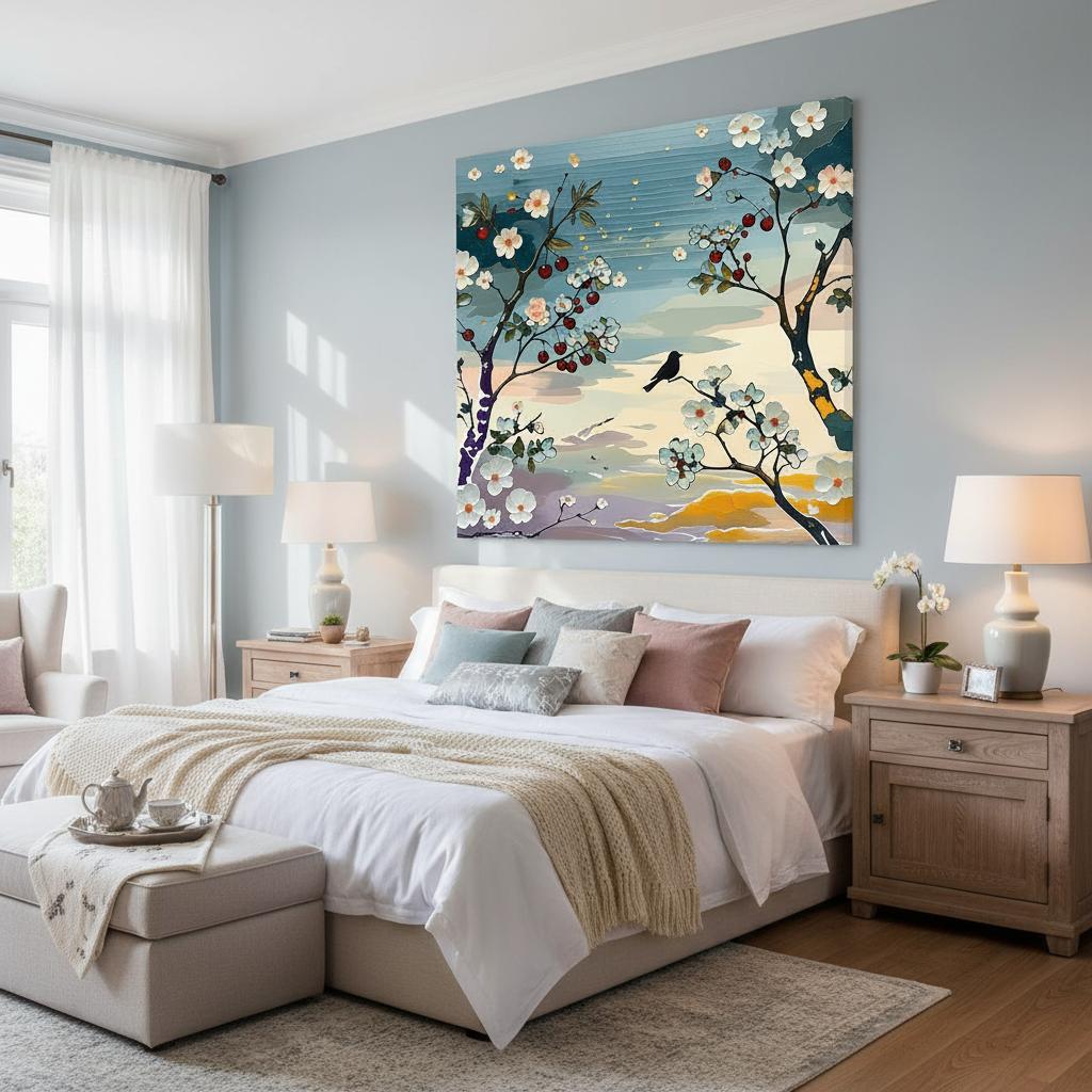 Branches de Cerisiers et Oiseau - Paysage Apaisant au Crépuscule