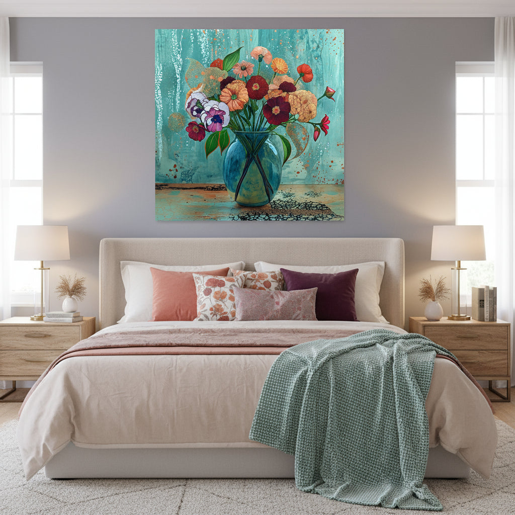 Bouquet Éclatant Vase Turquoise - Impression d'Art Numérique