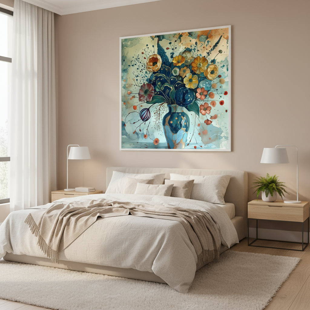 Bouquet Aquarelle Vase Bleu - Impression d'Art Numérique