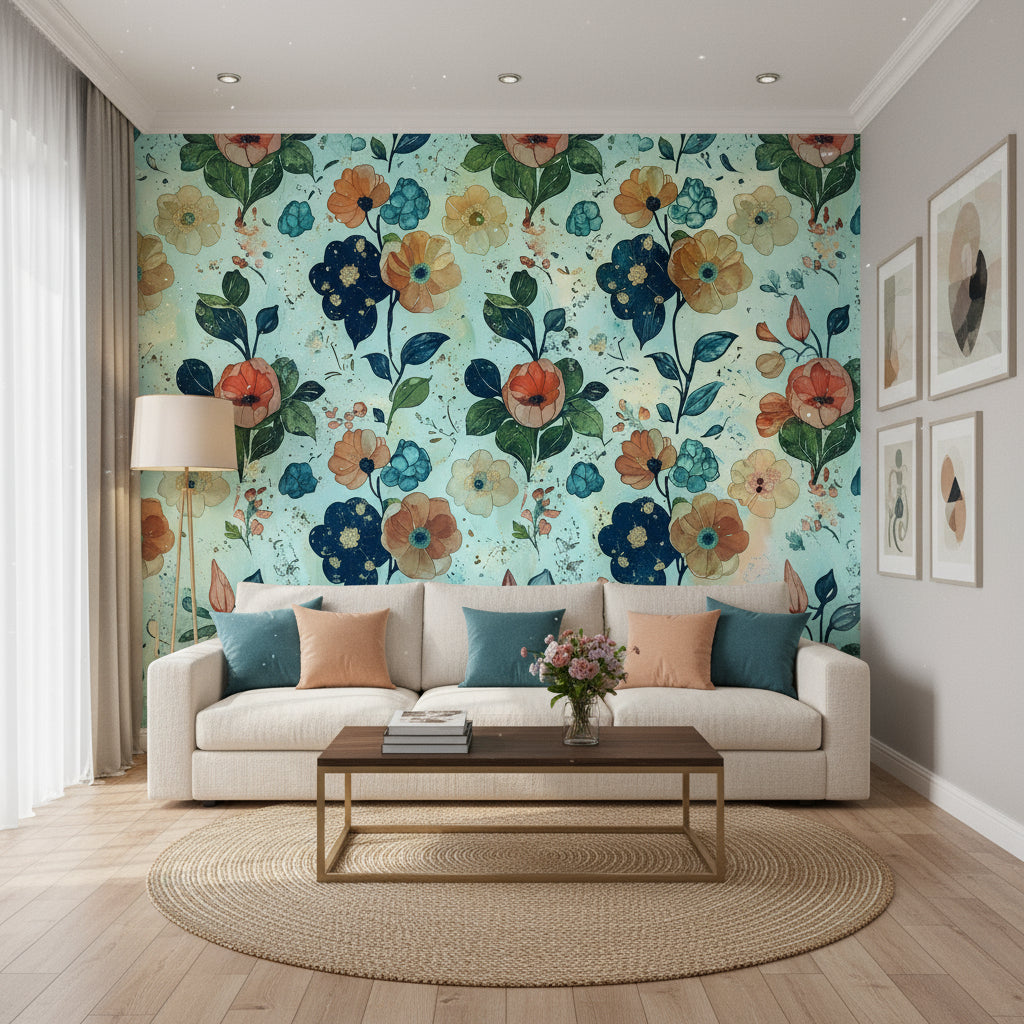 Jardin Aquarelle Menthe - Papier Peint Motif Répétitif