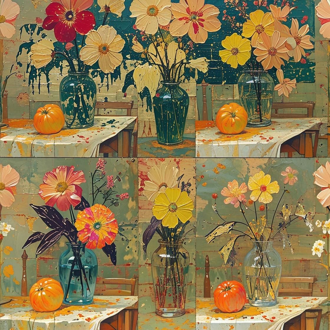 Nature Morte Florale aux Citrouilles - Composition Vintage en Mosaïque