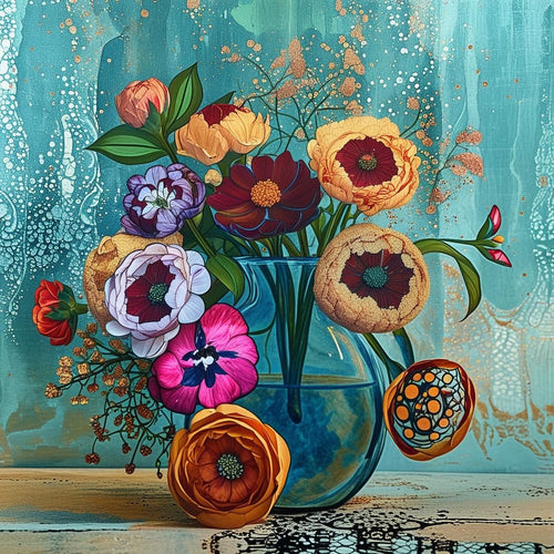 Art mural bouquet pivoines anémones tons chauds jaune orange rose violet fond turquoise touches dorées Camille Escalle - toile décorative luxueuse
