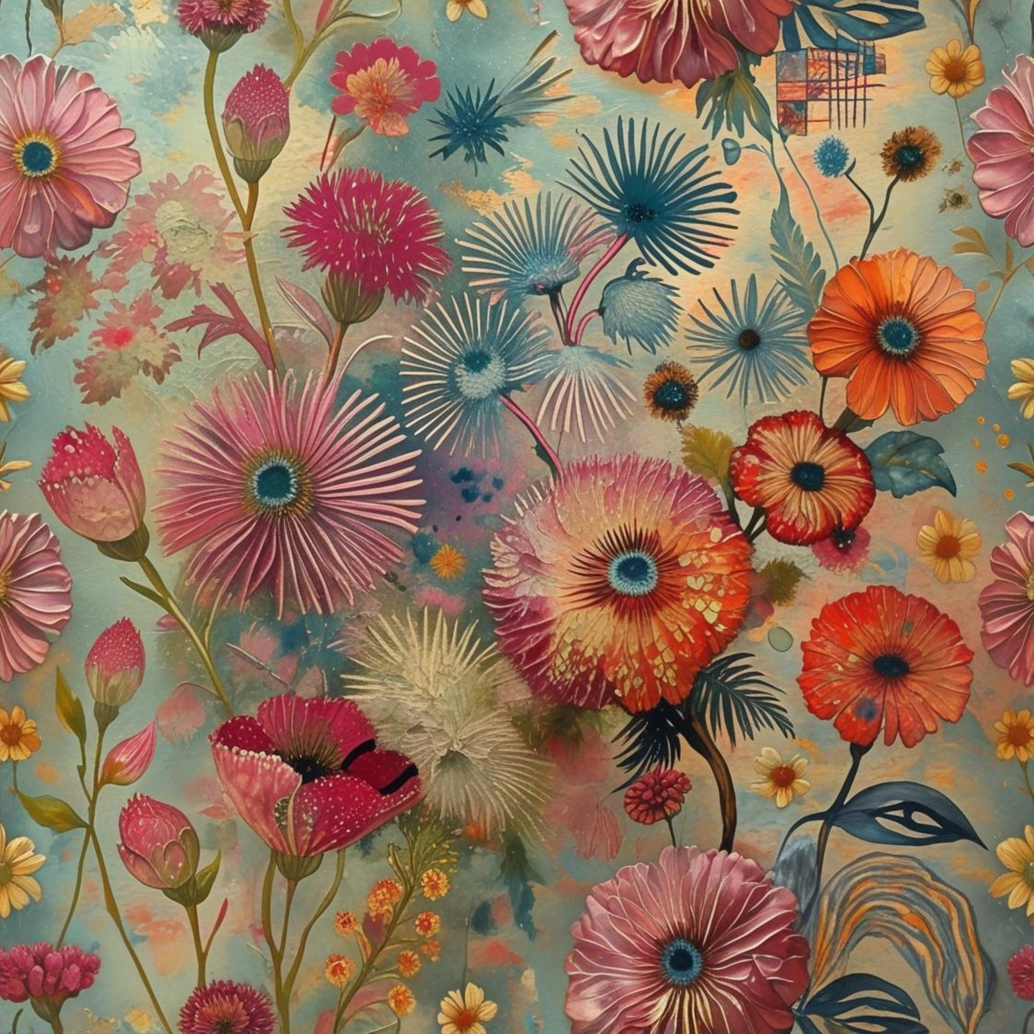 Jardin d'été luxuriant - Fleurs radiées exubérantes - Seamless pattern