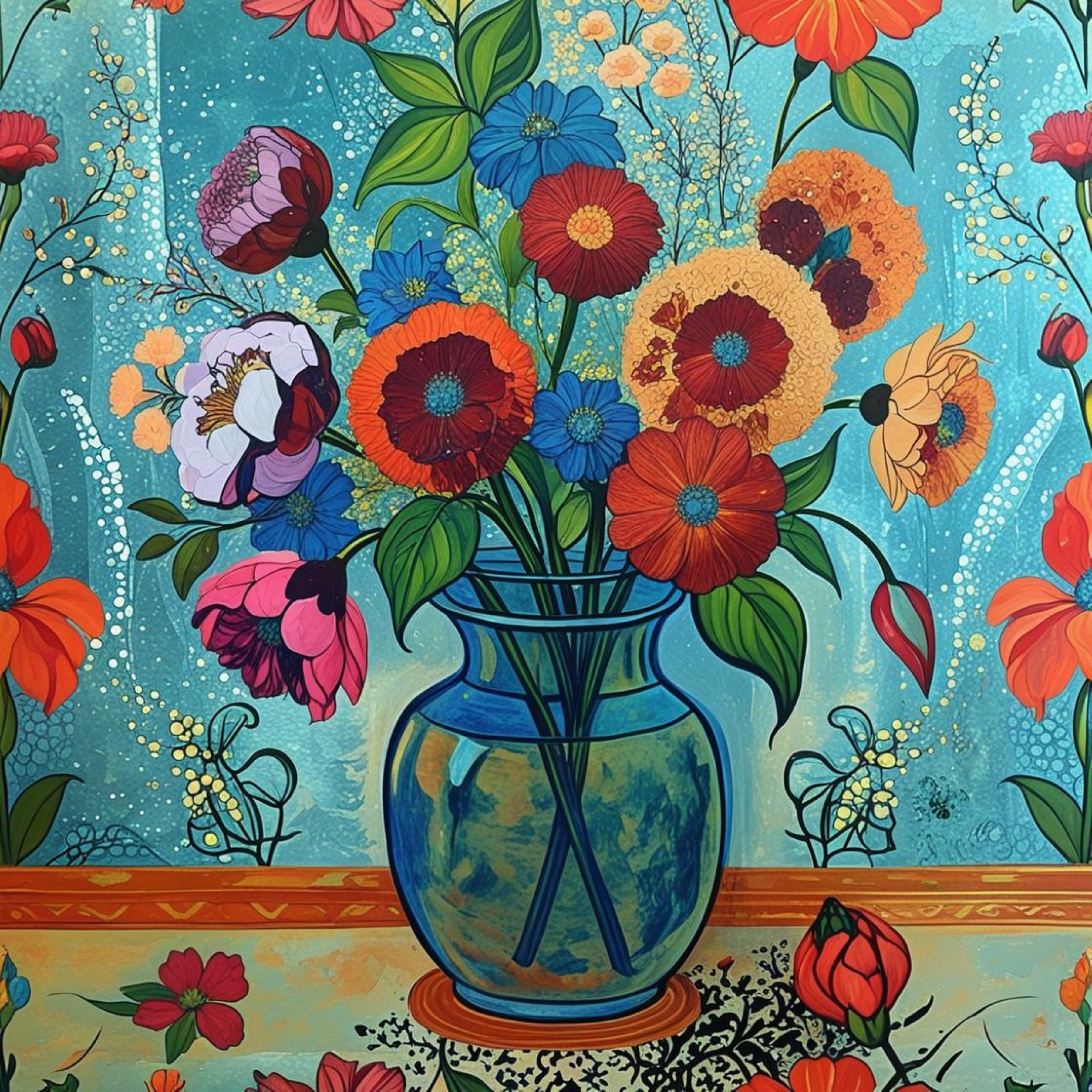 Bouquet de fleurs radiées dans vase bleu - Art numérique vibrant