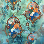 Médaillons Floraux Baroques - Motif Turquoise et Éventails