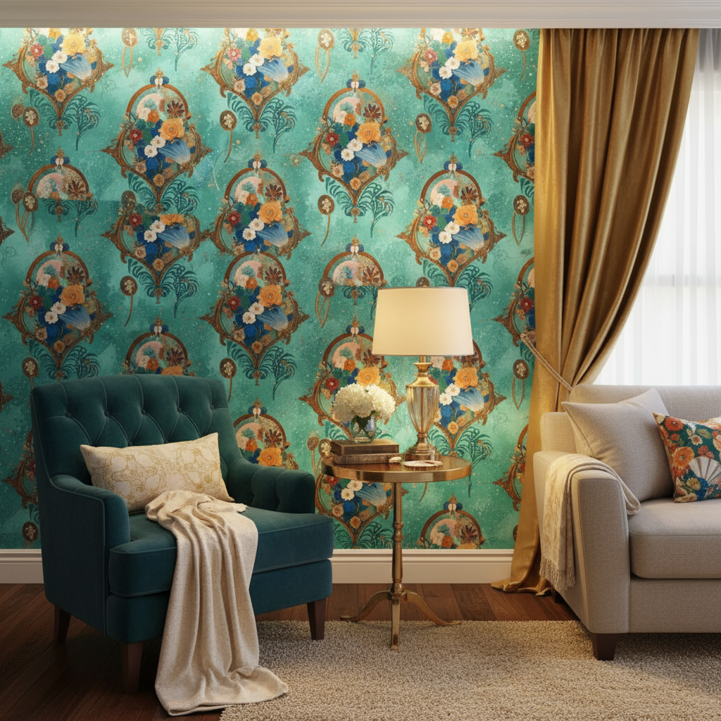 Médaillons Floraux Baroques - Motif Turquoise et Éventails