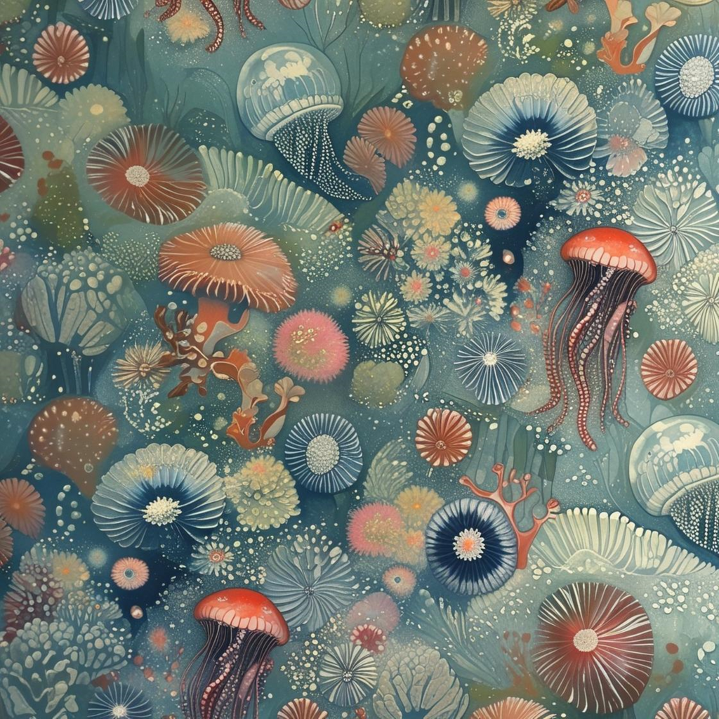 Jardin sous-marin poétique - Méduses et coraux - Seamless pattern