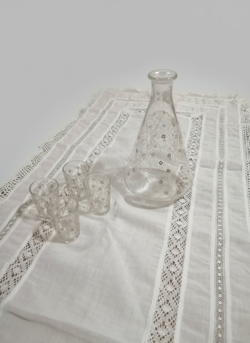 Service à liqueur vintage verre soufflé - Décor floral doré années 50-60