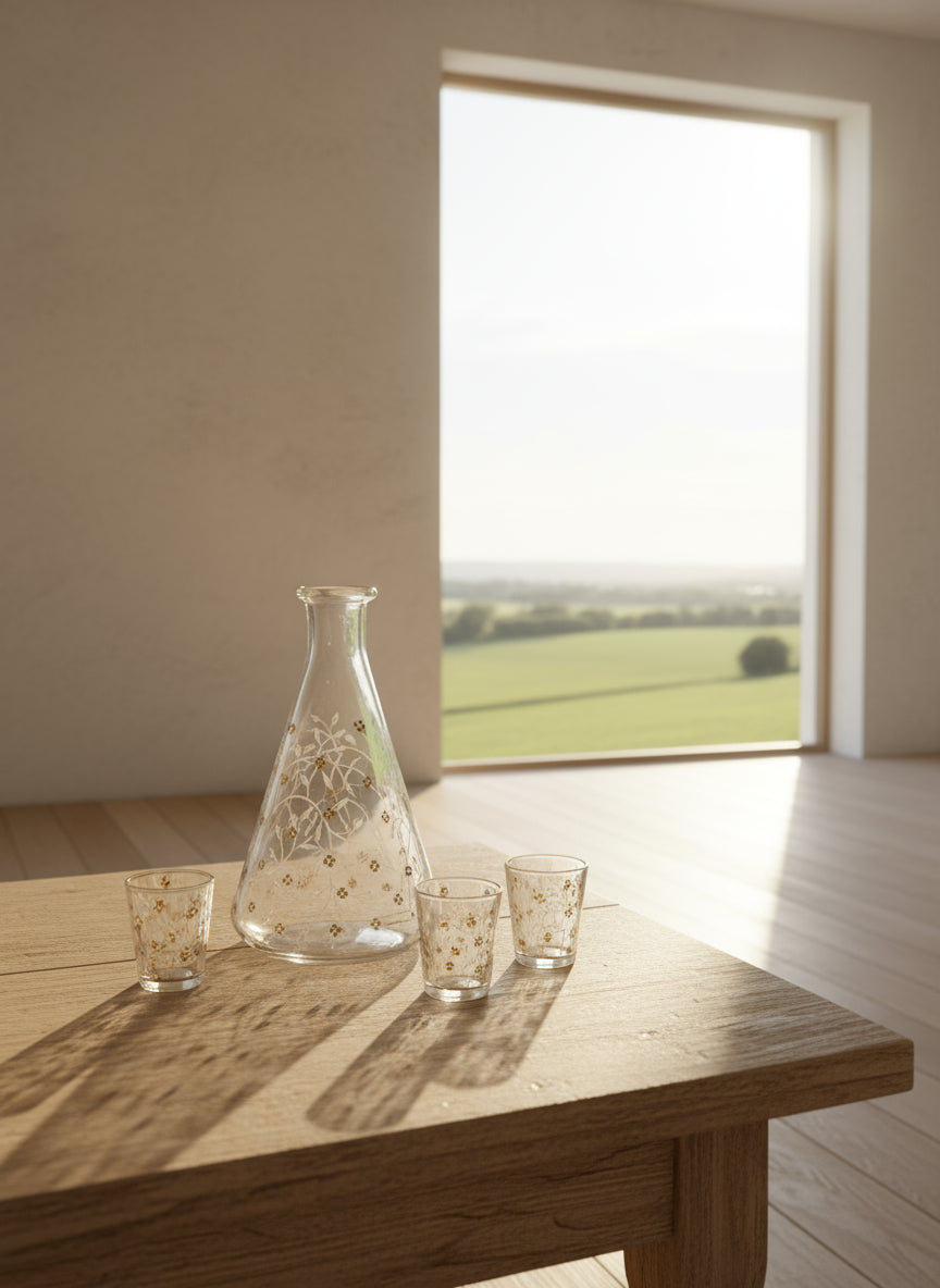 Service à liqueur vintage verre soufflé - Décor floral doré années 50-60