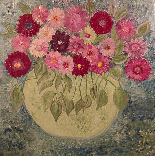 Tableau original fleurs cosmos impressionniste tons rose fuchsia violet vase or patiné Camille Escalle - art mural élégant intérieur
