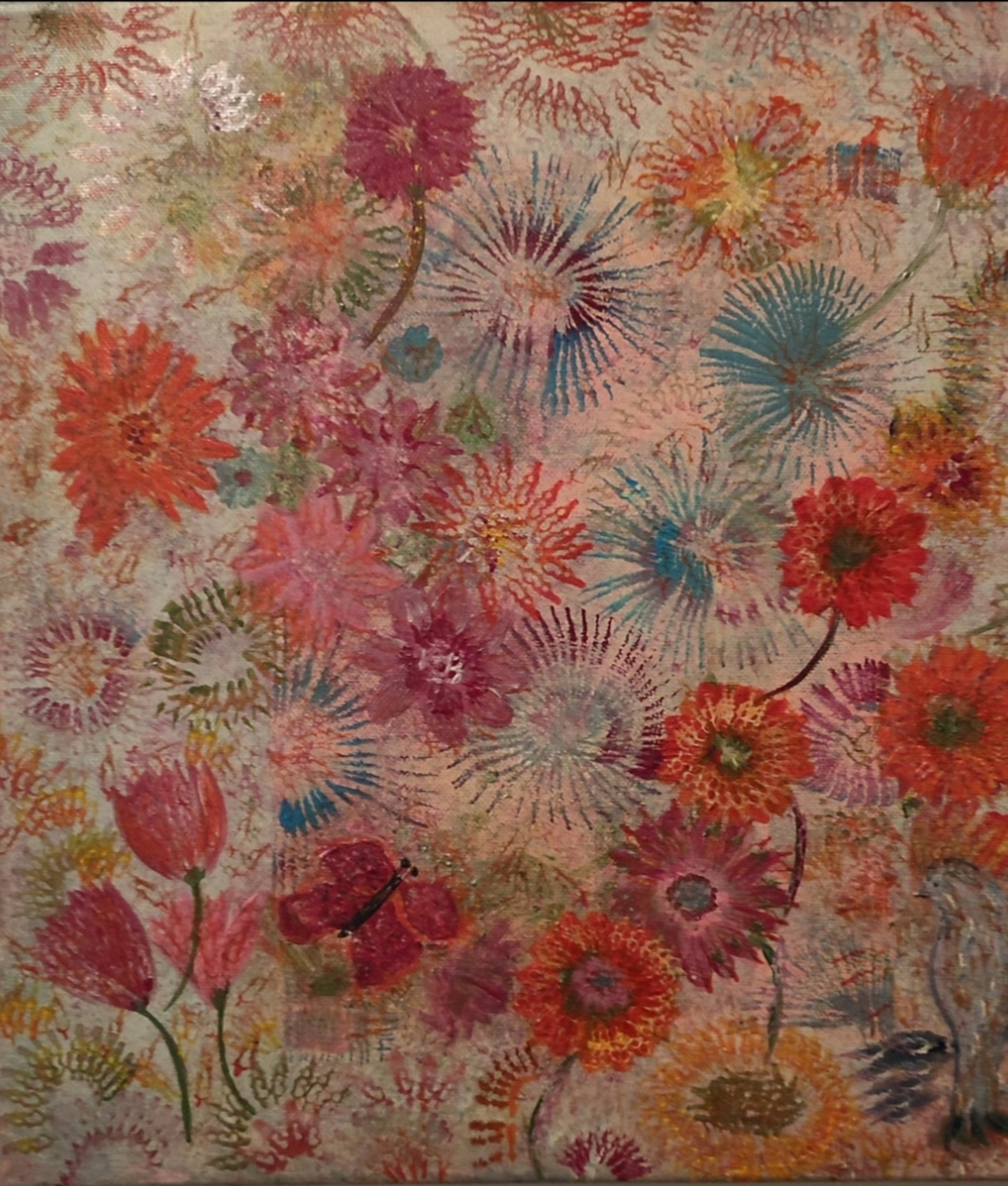 [VENDU] Jardin de fleurs radiées - Toile originale peinte à la main - Œuvre unique