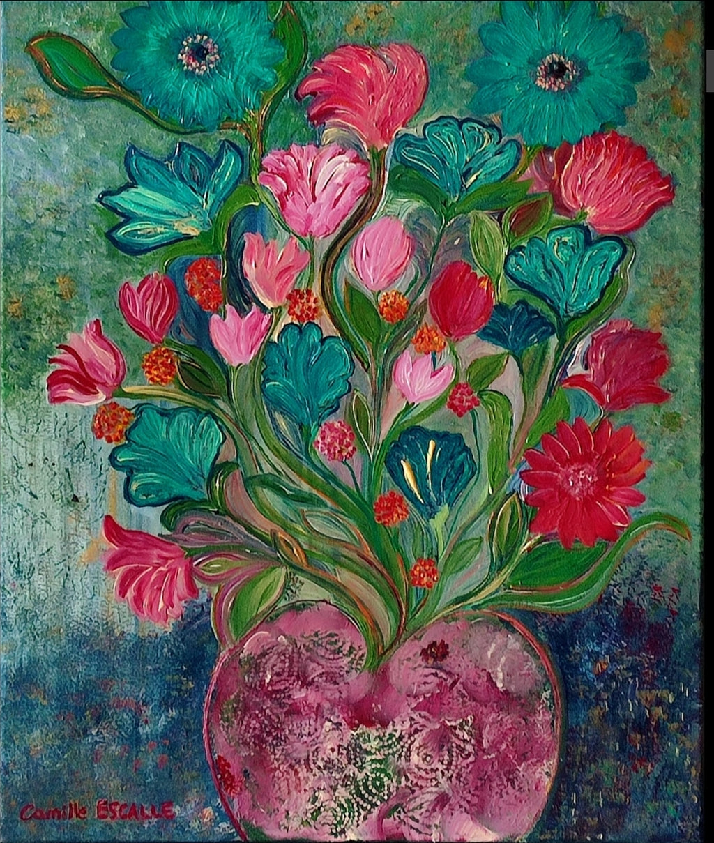 Bouquet de fleurs dans vase rose - Peinture originale acrylique -"Swing"