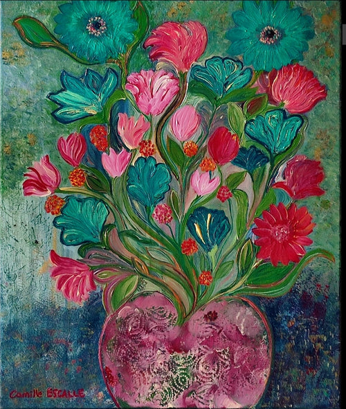 Bouquet de fleurs dans vase rose - Peinture originale acrylique -"Swing"