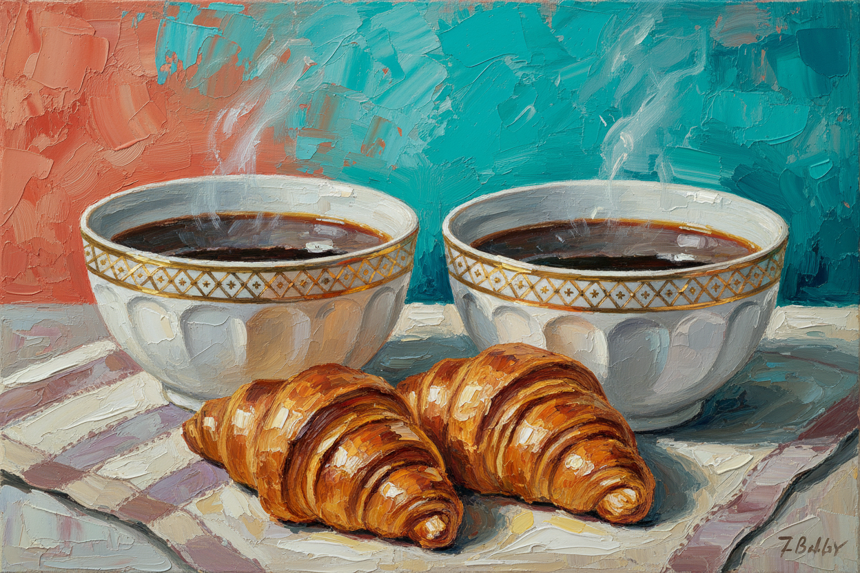 Bols porcelaine café fumant et croissants - Peinture impasto