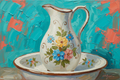 Broc et cuvette céramique blanche décor floral - Peinture impasto