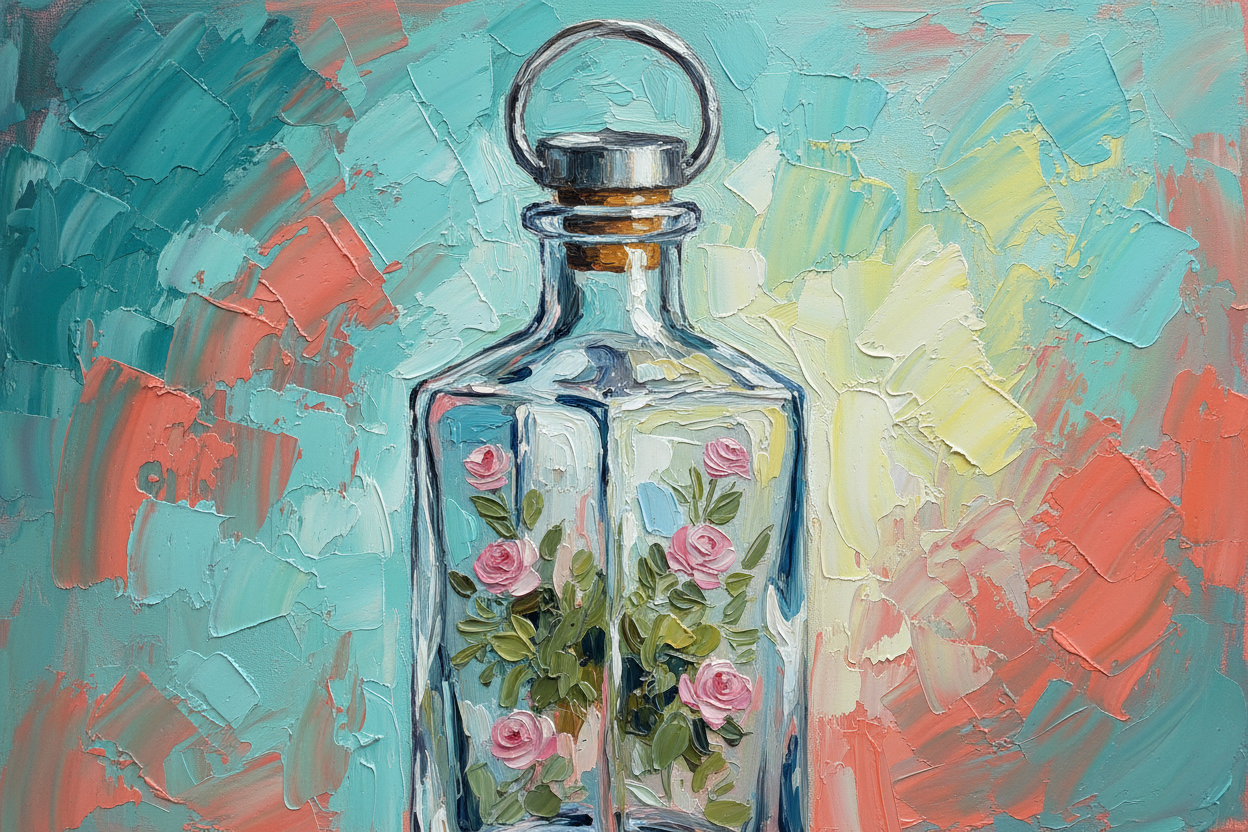 Carafe cristal rectangulaire 4 côtés décor floral - Peinture impasto