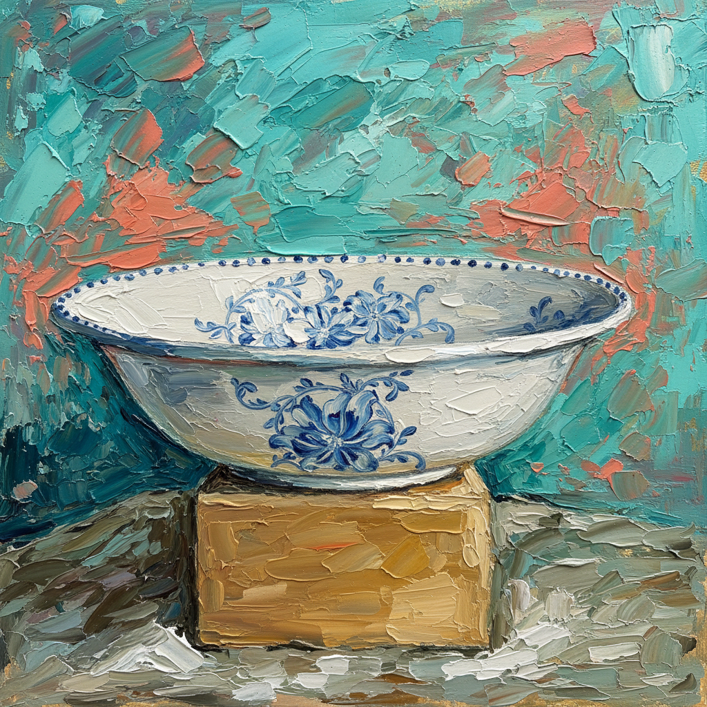 Coupe blanche motifs floraux bleus vintage - Peinture impasto méditerranéenne