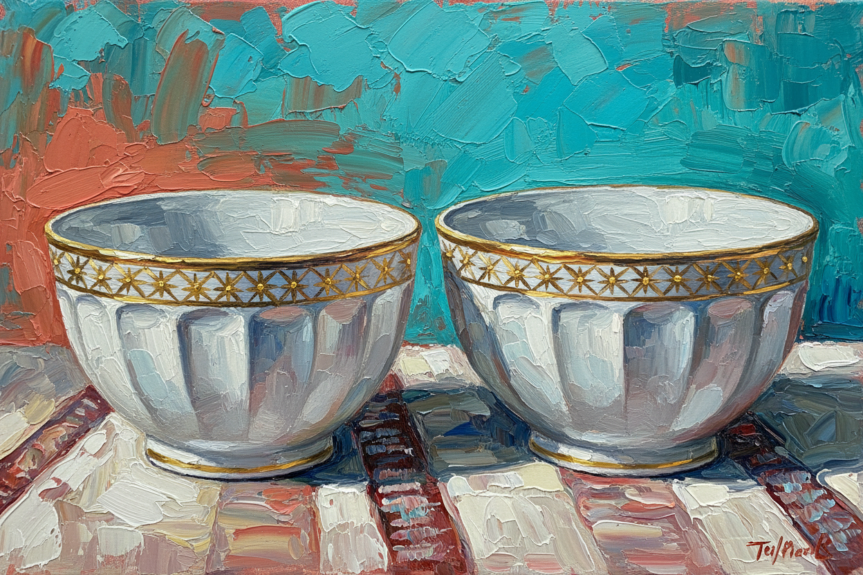 Bols Porcelaine Blanche Facettés Liseré Doré Quadrillage Étoiles Vintage - Impression d'Art Numérique