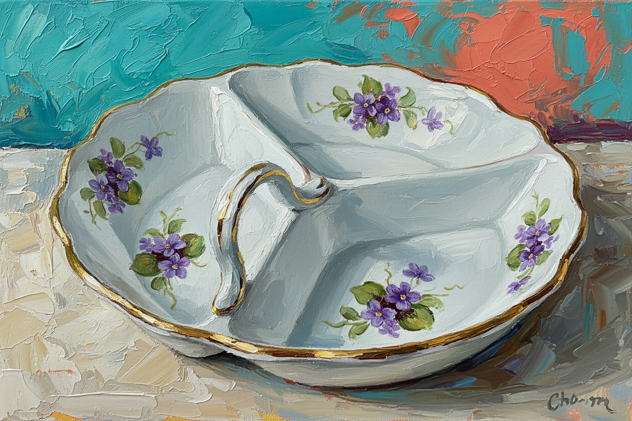 Plat Service 3 Compartiments Porcelaine Blanche Violettes Liseré Doré Vintage - Impression d'Art Numérique